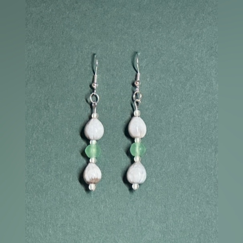 Job’s Tears with beach glass bead earrings; and made with sterling silver hooks.